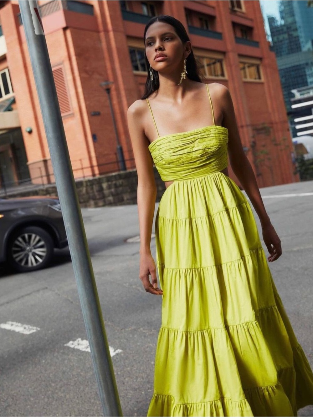 Aje Tiered Maxi Dress with Spaghetti Straps | Lime, Chartreuse Green| Size 2
